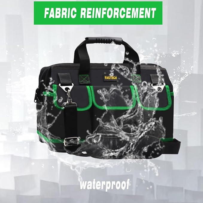 20 Inch Tool Bag, Waterproof Wide Mouth Tool Kit, Heavy Duty Tool Bag Organizer With Shoulder Straps and Molded Base, Tool Storage Package For Screwdrivers, Pliers, Nut Drivers (Green20IN)