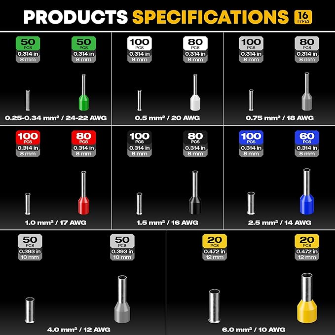 Ferrule Crimping Tool Kit, Hexagon Ferrule Crimper,Ratchet Pliers for (AWG 24-10) with 16 Types Insulated and Non-Insulated Ferrules, Wire Ferrules Kit, Crimping Pliers set,Hex Crimper