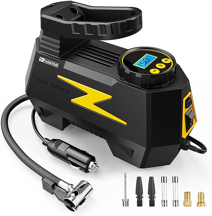 Tire Inflator Portable Air Compressor, DC 12V Tire Air Pump with LED and 150PSI Digital Pressure Gauge, Portable Tire Inflator for Car Tires, Motorcycles, Bike, Ball (Yellow)