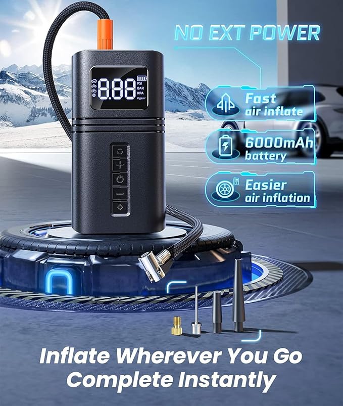 Tire Inflator Portable Air Compressor for Car Tire, Cordless & Strong Power, Air Pump with 6000mAh Battery, Fast inflate 150PSI, Tire Pump with LED Light for Car Bike Motor Ball