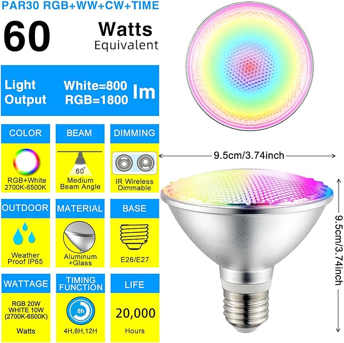 2 Pack,PAR30S RGBWCT LED Bulbs,RGB+Warm+Cool White(2700K-6500K)+Timing, LED Flood Light,Indoor/Outdoor,IR Remote Control, Waterproof Lawn Lamp for Home Courtyard Christmas Party Decoration