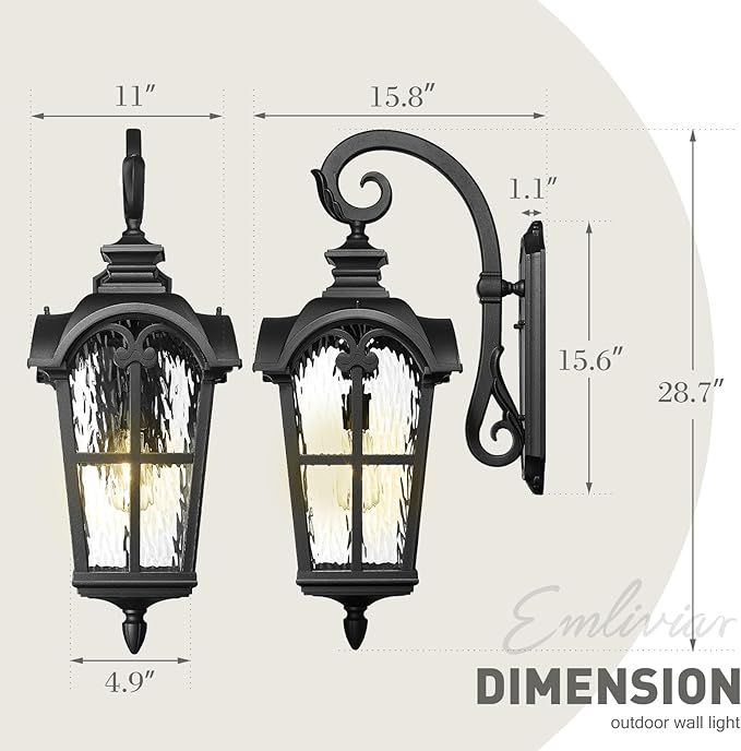 Emliviar 28.7" Black Outdoor Wall Sconce, Large Exterior Lantern Light Fixture with Die-Cast Aluminum & Water Ripple Glass, WE215BL-SW BK