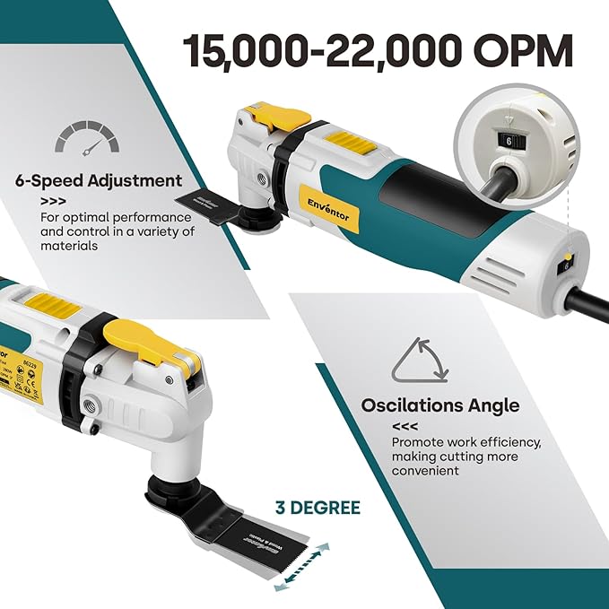 Enventor Multi Tool Saw, Electric Oscillating Saw with 43PCS Accessories, Auxiliary Handle, 15000-22000 OPM, 6 Variable Speeds, 3°Oscillation Angle for Cutting, Scraping, Sanding