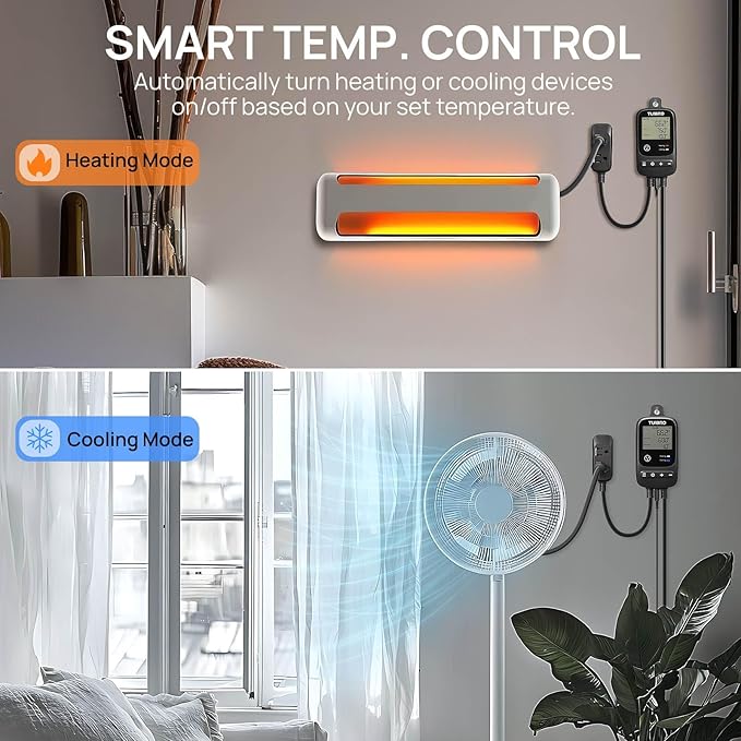 [2 Pack] TURBRO Smart Temperature Controller Heating Cooling, WiFi-Enabled Thermostat with Timer and Temperature Monitoring for Home Brewing, Seedling, Greenhouse, and Reptile Terrarium