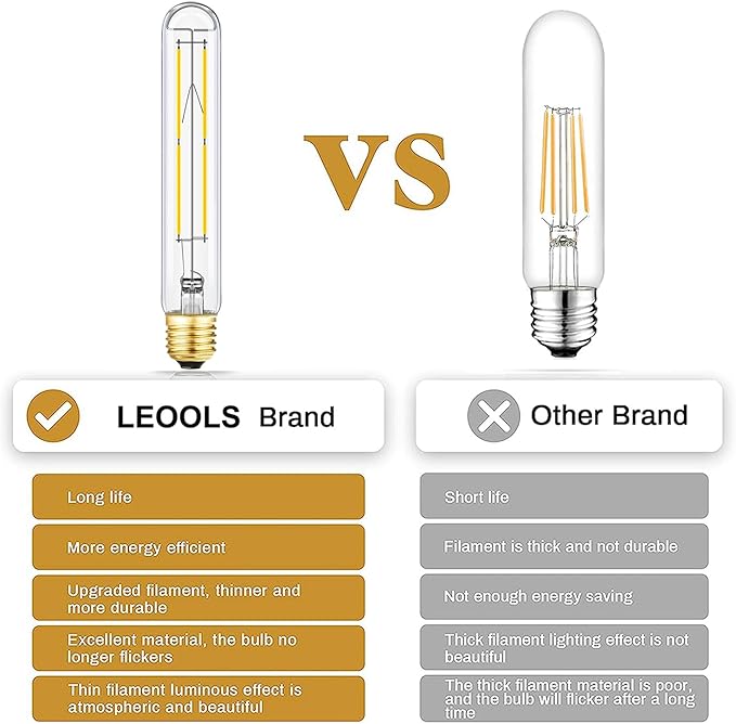 Leools Dimmable E26 Edison Bulb 8W Equal 75 watt Light Bulb AC120V Daylight 4000K Edison Light Bulbs 75 Watt 800LM Tubular T10 led Bulb for Rustic Pendant,Chandeliers,Wall sconces,Vanity 6Pack