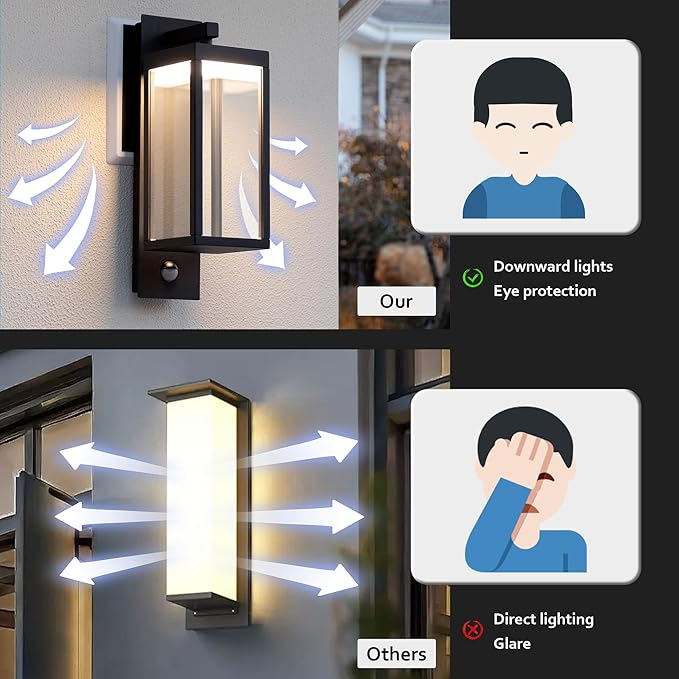 2 Pack Motion Sensor Outdoor Wall Light LED Wall Sconce Black Mount Waterproof Exterior Light Fixture Aluminum Porch Lamps for Patio Entryway Doorway Fence Garage, 750LM 3000K