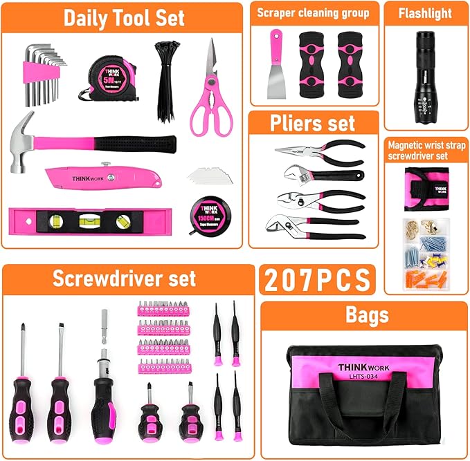 THINKWORK Pink Tool Set - 207 Piece Lady's Portable Home Repairing Tool Kit with 13'' Wide Mouth Open Storage Tool Bag, Perfect for DIY, Home Maintenance - Christmas Gift for Women, LHTS-034