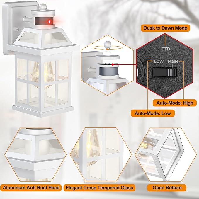 White Motion Sensor Outdoor Porch Lights Upgraded, Anti-Rust Aluminum Wall Mounted Light Fixtures Coastal Exterior Lights Wall Lantern Sconces Dusk to Dawn Outdoor Lighting, ETL Certified