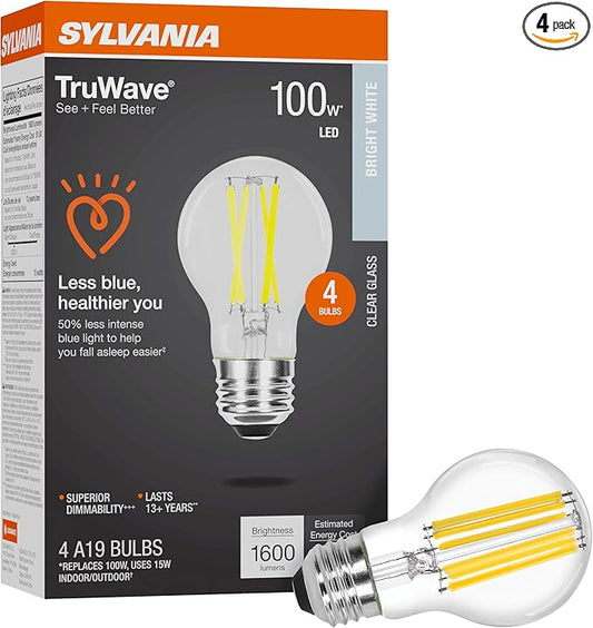 Sylvania LED TruWave Natural Series A19 Light Bulb, 100W Equivalent, Efficient 15W, 1600 Lumens, Medium Base, Dimmable, Clear, 3500K, Bright White - 4 Pack (42274)