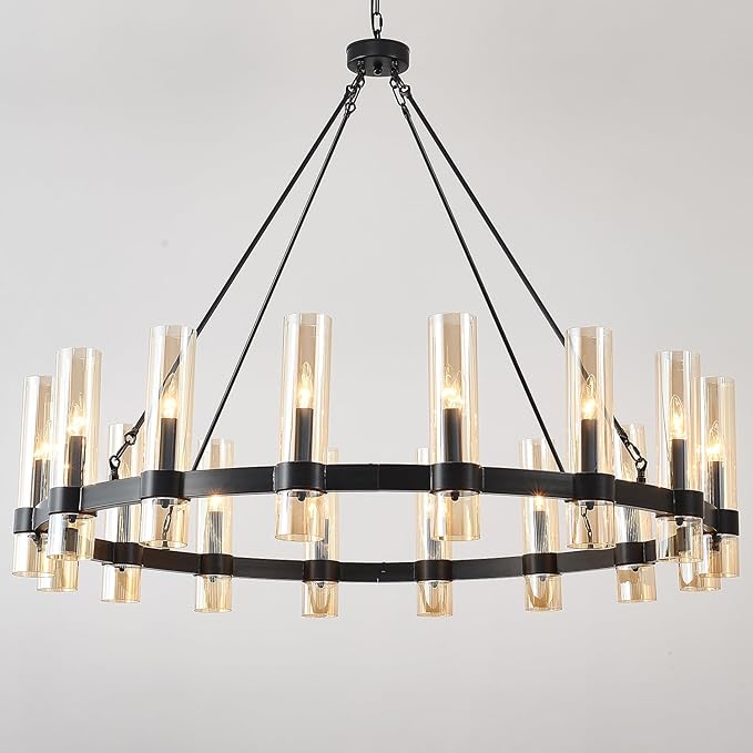 48 Inch Black Wagon Wheel Chandelier, 16 Lights, with Brown Glass Shade, Large Hanging High Ceilings Chandeliers for Dining Room Kitchen Foyer Entryway Living Room