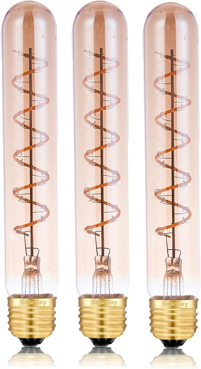 Dimmable 4W Tube LED Eison Bulb, T10 Vintage Long LED Bulb 40 Watt Equivalent Warm White 2700K, E26 Medium Base Amber Colored 7.3 Inch Long tubular edison bulb, 3 Pack