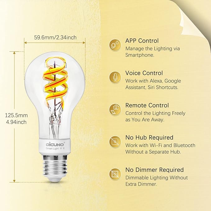 DiCUNO Smart Edison Bulb A19, Color Changing WiFi Smart Light Bulb, Vinatge A60 Filament Bulb Compatible with Alexa & Google, Dimmable with App, 50 Watt Equivalent 450LM, No Hub Required, 1 Pack
