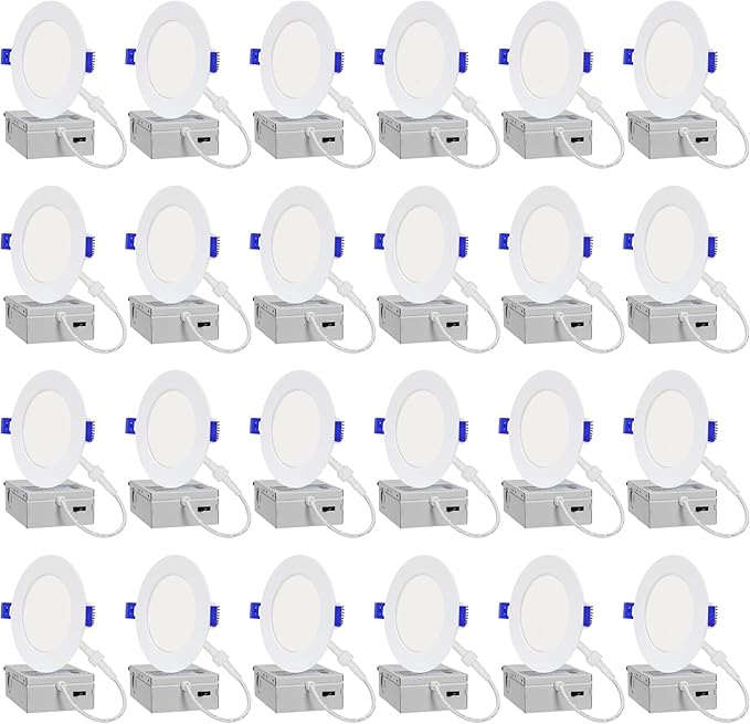 24-Pack of 4-Inch Slim LED Recessed Lights with Junction Box, Adjustable Color Temperatures (2700K-5000K), 9W Equivalent to 75W, Dimmable, 950LM Brightness - ETL and Energy Star Certified