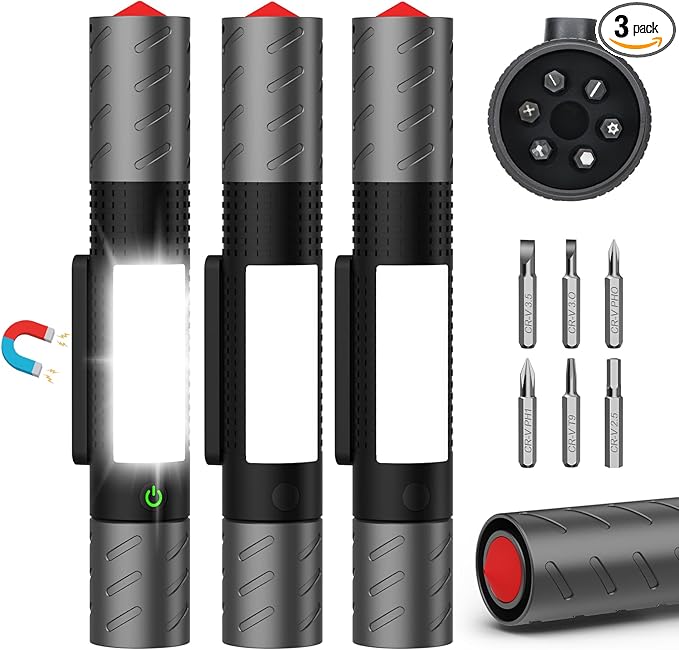 Rechargeable Flashlight High Lumens 3Packs-Super Bright Magnetic LED Flashlights with Screwdriver Set,Window Glass Breaker,COB Flash Light,7 Modes,Zoomable,Waterproof for Emergency Camping Car Repair