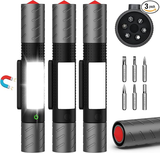 Rechargeable Flashlight High Lumens 3Packs-Super Bright Magnetic LED Flashlights with Screwdriver Set,Window Glass Breaker,COB Flash Light,7 Modes,Zoomable,Waterproof for Emergency Camping Car Repair