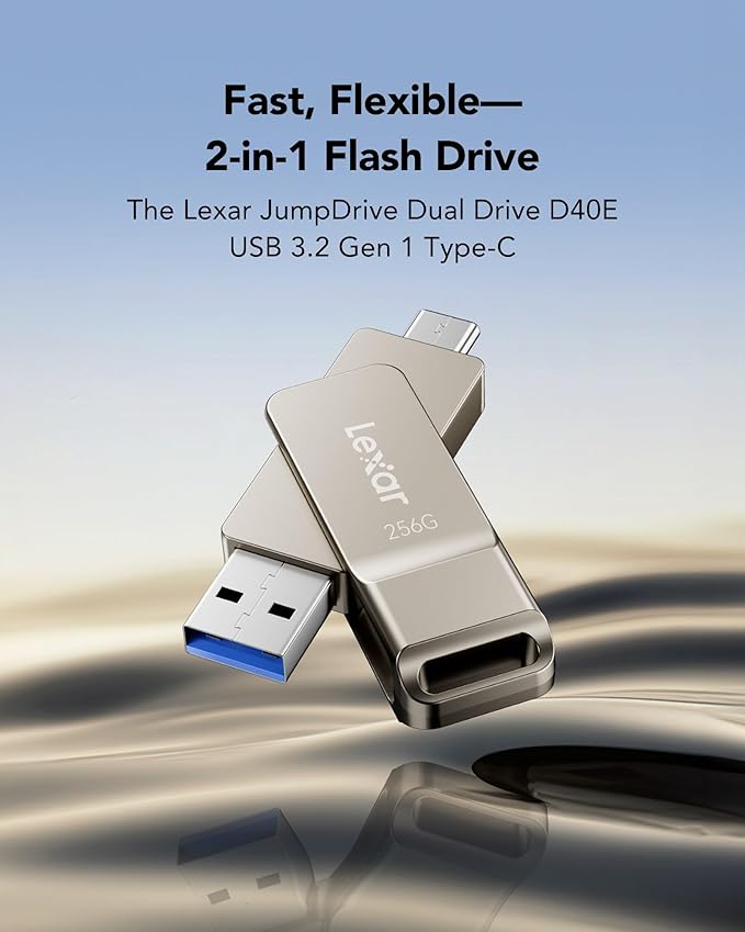 Lexar D40E 256GB Dual USB 3.2 Gen 1 Type-C Jump Drive, USB-C Flash Metal Housing Swivel Design Thumb Drive