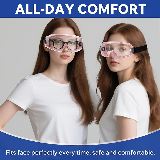 Safety Goggles Over Glasses, ANSI Z87.1 Certified Eye Protection for Chemistry Lab Work & Industrial Use - Wide Vision Anti-Fog Clear Lens - Extreme Impact Resistance - Adjustable Strap (2 Pack)