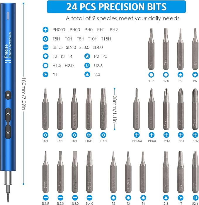 AMIR Electric Screwdriver for PC Building, 28 IN 1 Small Power Automatic Screwdriver Set with 24 Bits, Rechargeable Portable Magnetic Repair Tool Kit with LED Lights for Laptops, Watches, Blue