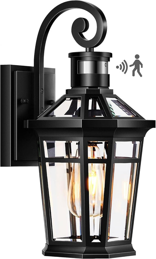 Motion Sensor Outdoor Wall Lights, Black Dusk to Dawn Porch Light Wall Mount, Exterior Lighting Fixtures, Outdoor Wall Sconce Lantern with Adjustable Sensor Range, Coach Lights for Garage Patio