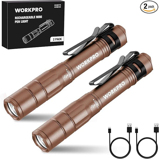 WORKPRO Rechargeable Pen Light, Mini Flashlight, 2 Pack Ultra-Compact EDC Flashlight, Pocket Flashlight with Clip, Memory Function and 2 x USB C Cable Included, Brown