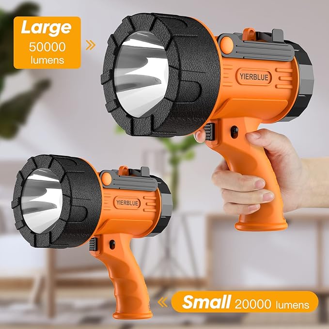YIERBLUE Rechargeable Spotligh with 1000,000 Lumen LED, Handheld Rechargeable Spotlight IP67 Waterproof Flashlight, 9h Ultra-Long Standby, Ideal Spotlight for Boating, Camping