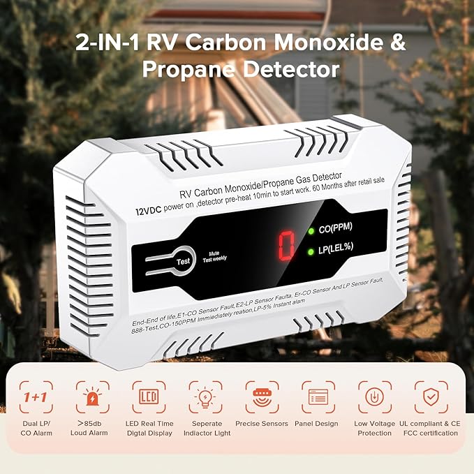 Nuleto RV Carbon Monoxide & Propane Gas Detector, 2 in 1 Dual CO/LP Gas Alarm with Separate LED Indicator Light, DC 12V with Bracket for Motorhome Travel Trailer, Motor Coach, Truck Camper, White