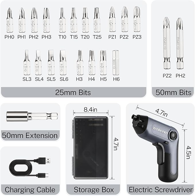 WORKPRO Electric Cordless Screwdriver with Offset Driving Shaft, 3.6V Automatic Rechargeable Screw Driver with 22PCS Bits, Battery Powered Automatic Screw Gun with LED Light & Carrying Case
