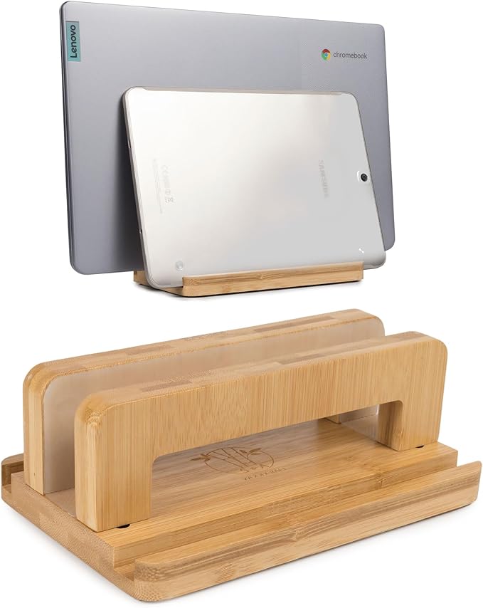 S&A WOODCRAFT 3 Slots Bamboo Wood Vertical Laptop Stand, Adjustable Wooden Laptop Holder, Non-Slip Laptop Dock Compatible with Apple MacBook, Microsoft Surface, Gaming Laptops, IPad, Tablets