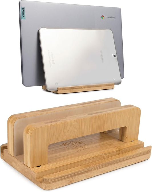 S&A WOODCRAFT 3 Slots Bamboo Wood Vertical Laptop Stand, Adjustable Wooden Laptop Holder, Non-Slip Laptop Dock Compatible with Apple MacBook, Microsoft Surface, Gaming Laptops, IPad, Tablets