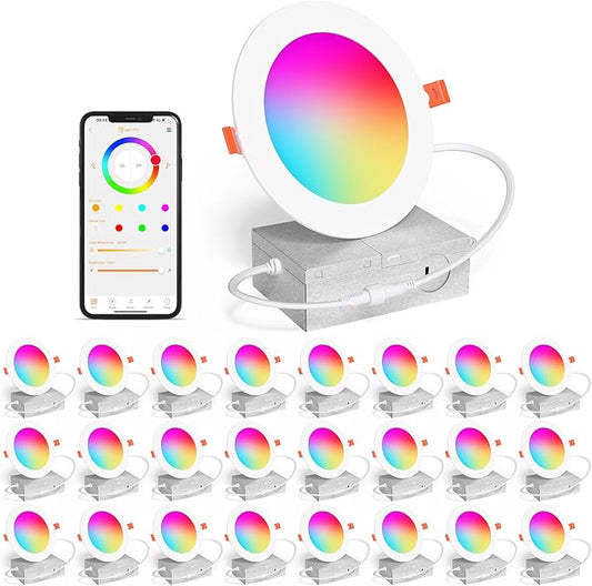 24Pack Smart Recessed Lighting 4 Inch RGBCW Color Changing 12W LED Downlight with Junction Box,1000 Lumen Recessed Ceiling Light Compatible with Alexa,Dimmable by Bluetooth Control