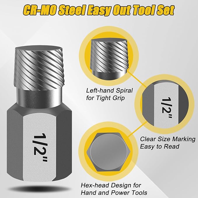 Topec Easy Out Screw Extractor Set 13-Piece, Multi-Spline Easy Out Bolt Extractor Kit, CR-MO Steel Hex Head Remover for Stripped, Broken, Rounded, Rusted Bolts, Screws and Nuts