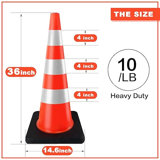 Traffic Cones 36 inch PVC Orange 4 Pack Heavy Duty Black Base Construction with Reflective Collars Fit Parking Lot,Driveway Road Traffic Control Safety Cones