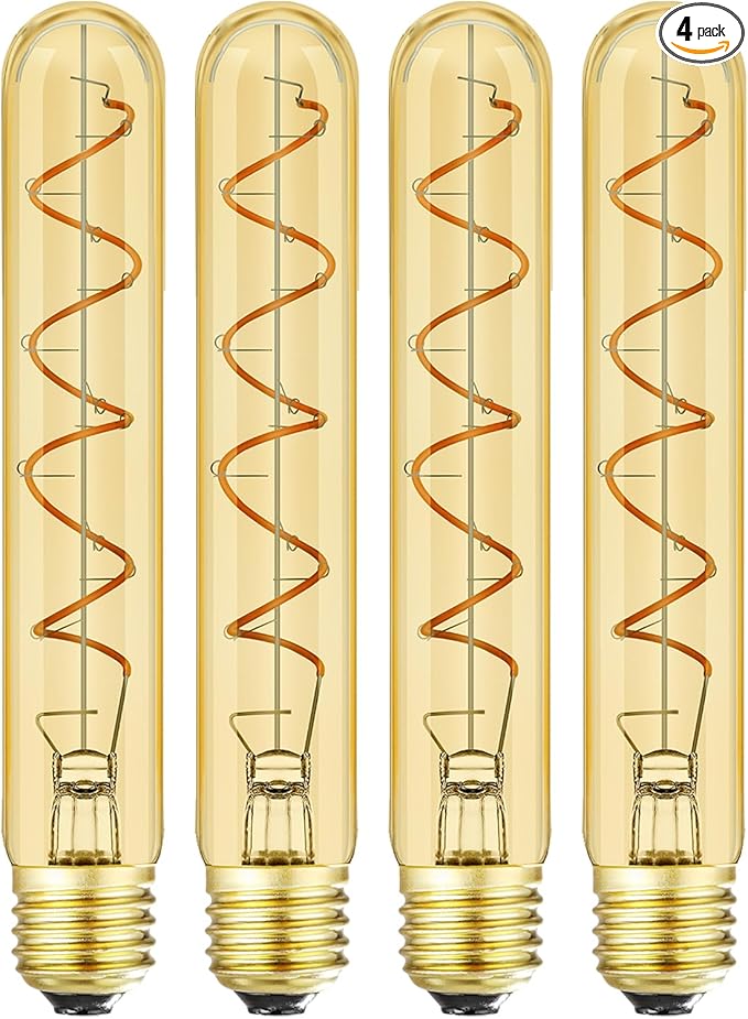 Leools T10 Vintage LED Edison Light Bulbs 60 Watt, 4-Pack Dimmable T30 6W2200K Amber Warm Light Bulbs, E26 Base, 6W LED Equal 60 Watt Incandescent Bulbs,Decorative Antique Spiral Long Bulb,7.3inch
