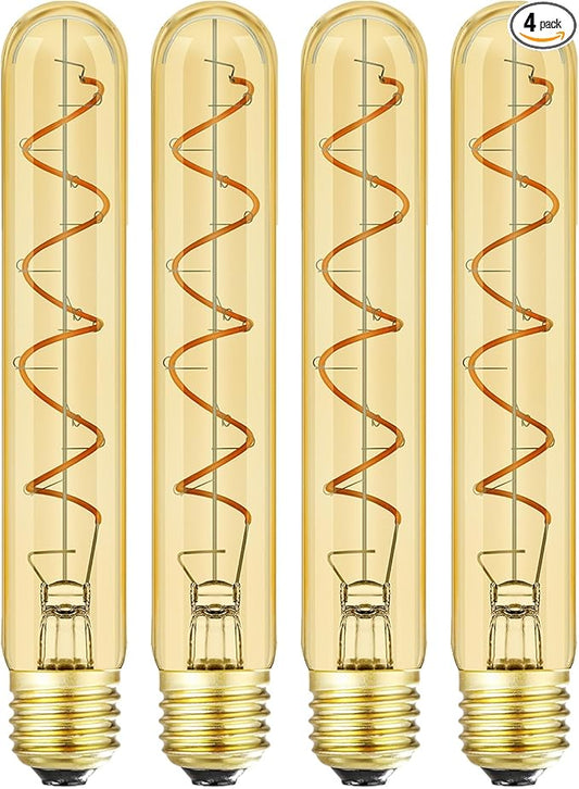 Leools T10 Vintage LED Edison Light Bulbs 60 Watt, 4-Pack Dimmable T30 6W2200K Amber Warm Light Bulbs, E26 Base, 6W LED Equal 60 Watt Incandescent Bulbs,Decorative Antique Spiral Long Bulb,7.3inch