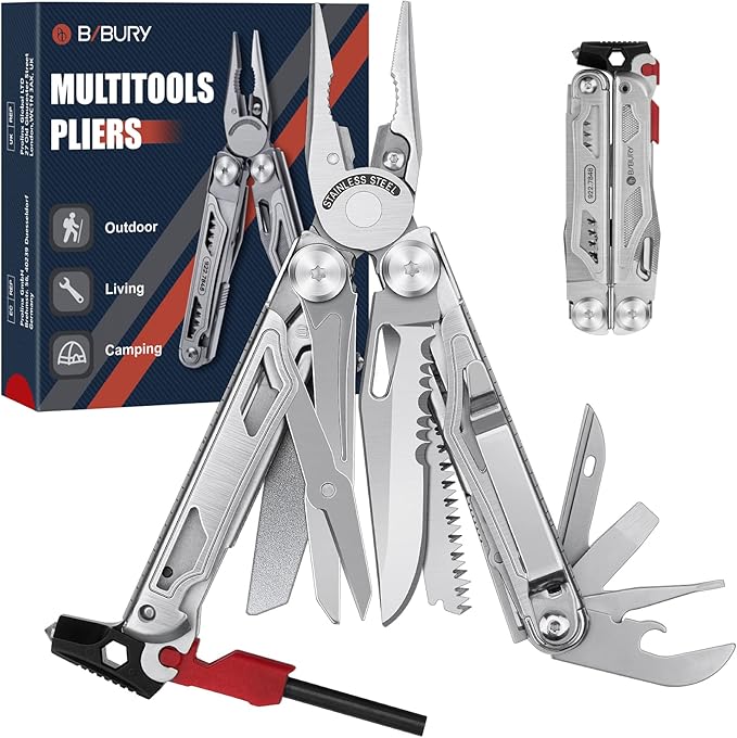 BIBURY Multitool Pliers BI2038B, 22-in-1 Stainless Steel Multi Tool with Flint, Window Breaker, Scissors, Back Clip, Folding Pocket Multifunctional Self-locking EDC Tool for Survival Camping Hiking