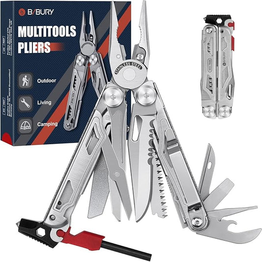 BIBURY Multitool Pliers BI2038B, 22-in-1 Stainless Steel Multi Tool with Flint, Window Breaker, Scissors, Back Clip, Folding Pocket Multifunctional Self-locking EDC Tool for Survival Camping Hiking