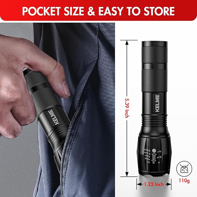 KELME 3 Pack Flashlights High Lumens, Powerful Tactical Flashlights with 5 Modes, Zoomable Small LED Flashlight Waterproof Handheld Flash Light for Home Emergencies Camping Hiking (Battery Included)