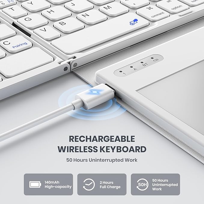 Foldable Bluetooth Keyboard, Portable Full Size Folding Keyboard with Large Touchpad, Numeric Keypad, PU Leather, Wireless TravelKeyboard for Windows Android Mac(White)