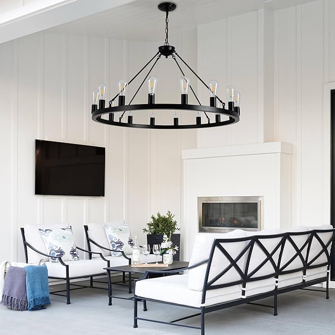 40" Black Wagon Wheel Chandelier,E26 16-Light Large Round Rustic Farmhouse Chandelier Industrial Pendant Light Fixtures for Dining Room Living Room Kitchen Island Entryway Foyer
