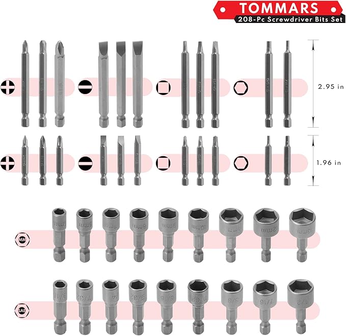 TOMMARS 208-Pc Master Screwdriver Bit Set, 1/4" Hex Shank Screwdriver Bits, Nut Driver and Security Bit Set
