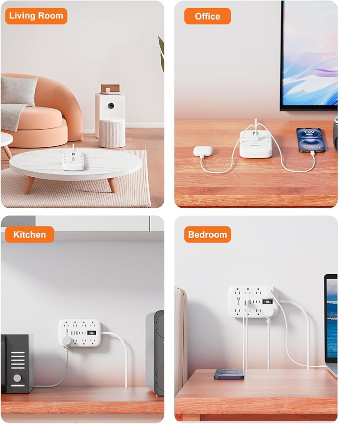 2 Prong Power Strip, 3 to 2 Prong Outlet Adapter, 1700J 2 Prong Surge Protector 5ft Extension Cord with Thin Flat Polarized Plug, 8 AC & 6 USB, Wall Mount for Non-Grounded Outlet, Ideal for Old House