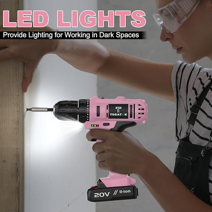 Cordless Pink Drill Set, 3/8 Drill Handheld Screwdriver Kit with 18+1 Torque Setting, 20V Electric Drills Tools Bit, LED Electric Power Drills with Battery and Charger, 1 Battery