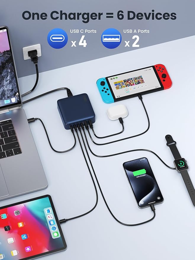 200W USB C Charger Block,Upgraded GaN IV 6-Ports USB C Charger,Fast Charging Station Hub,PD 65W Laptop Charging Compatible with DELL HP MacBook Pro/Air/iPad,iPhone 16/15/14,Galaxy S24-Dark Blue