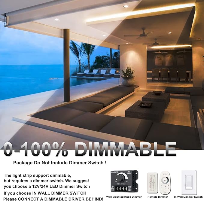 JOYLIT 24V COB LED Strip Lights 3000K Warm White Dual Row 16.4ft Waterproof 787LM/FT Ultra Bright CRI 95+, UL Listed PRO 7.6W/FT 960LEDs/M High Density 12MM Wide Adhesive Tape Light Task Lighting