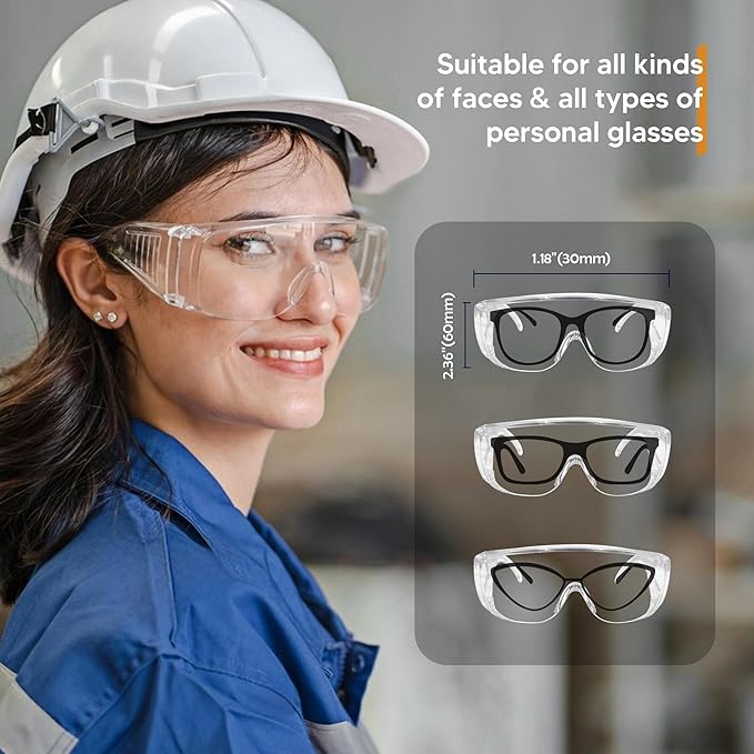 Clear Safety Glasses Over Eyeglasses 12 PACK ANSI Z87.1 Impact Resistant Wide Vision Fits Over Most Prescription Glasses Dust/Chemical Splash Proof Lightweight Protective Eyewear for Men Women