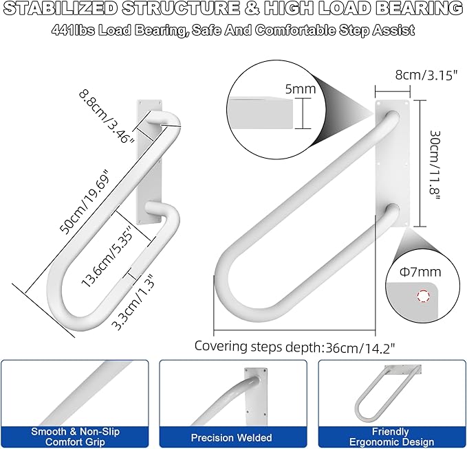 Jamb Mount Handrails for Outdoor Steps-1-2 Step Waterproof Stairs Railing-Powder Coated Side Mount Hand Rails for Indoor Stairs-Non-Slip Staircase Grab Rail for Deck/Porch/Mobile Home/Short Stairway