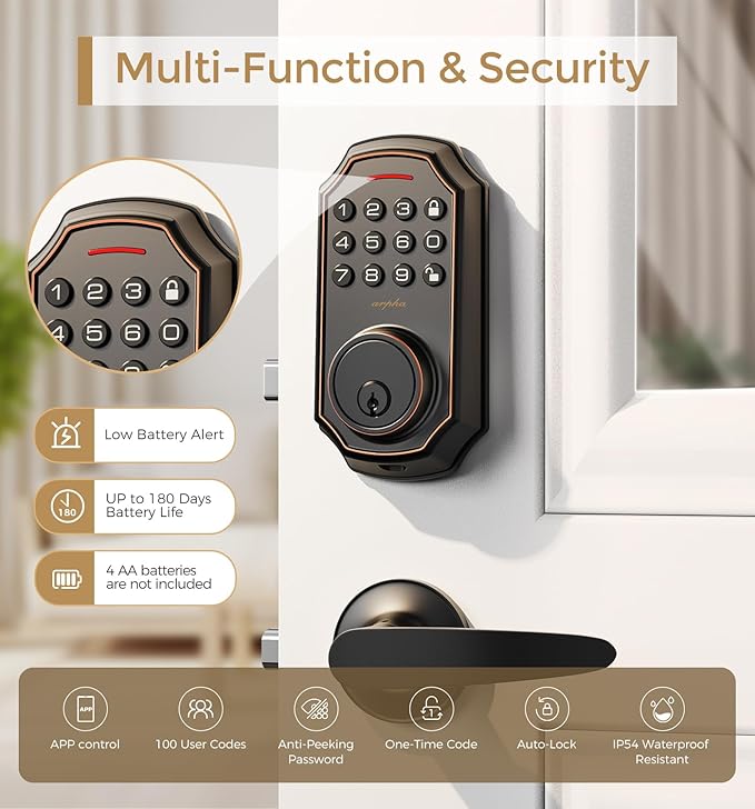 Keyless Entry Door Lock with 2 Handle Set - Bluetooth Electronic Keypad & App Control - Smart Front Door Auto-Lock with Anti-Peeping Passcode