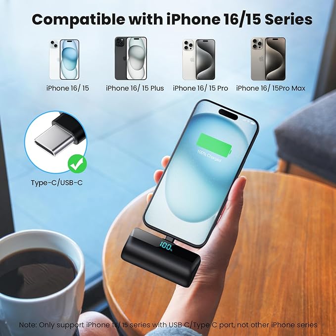 [2-Pack] Mini Portable Charger 5500mAh for iPhone 15/16 Series, LCD Display 15W PD Fast Charging Power Bank USB C Connector Battery Pack Compatible with 16/16 Pro Max/15/15 Pro Max Samsung Android etc