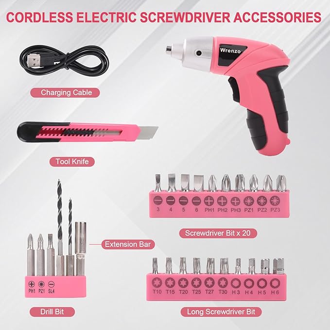 Electric Screwdriver, 3.6V Cordless & Rechargeable Screwdriver Set, 28pc Drill Set with Led Lights, USB Charging Cable, Tool Knife, Pink