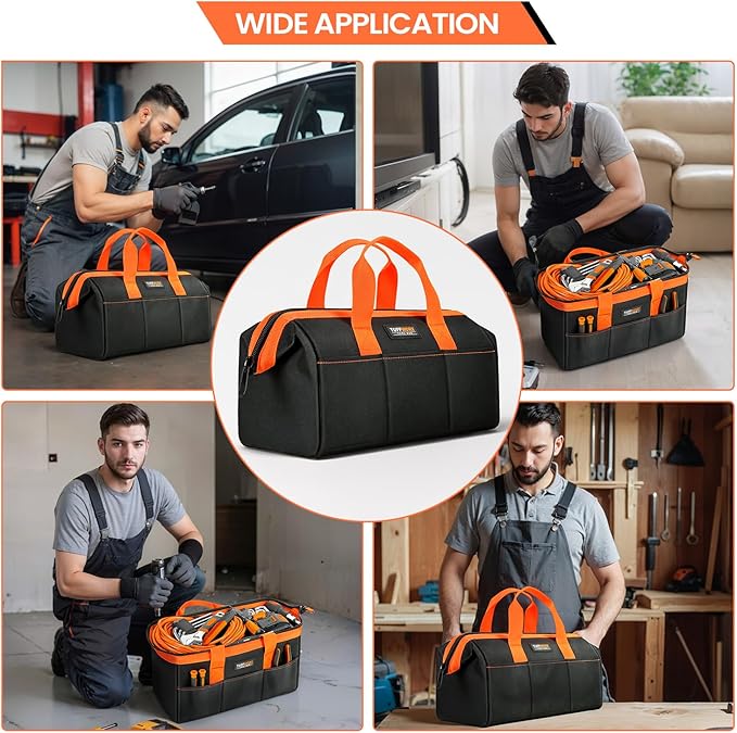 Tool Bag, 14 inch Heavy Duty Storage Bag with Handles, Double Layer 600D Polyester Fabric, Black and Orange, Tool Organizer for Mechanics, Electricians, and DIY Enthusiasts